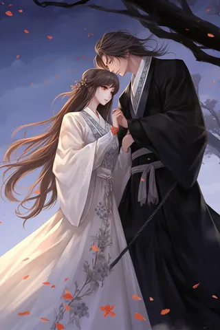 古风情侣花树下浪漫氛围插画素材