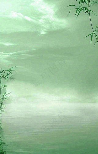中国风绿色唯美已经云海河湖竹子，水面倒影