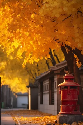 秋季回廊里的大树金黄的树叶掉了一地摄影图 