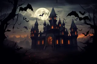 万圣节夜晚城堡蝙蝠恐怖插画背景