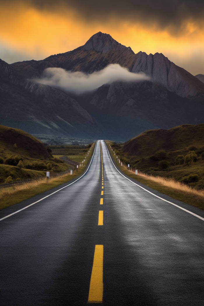 一条通往远方的公路远处是山峰摄影图(2688x4032)