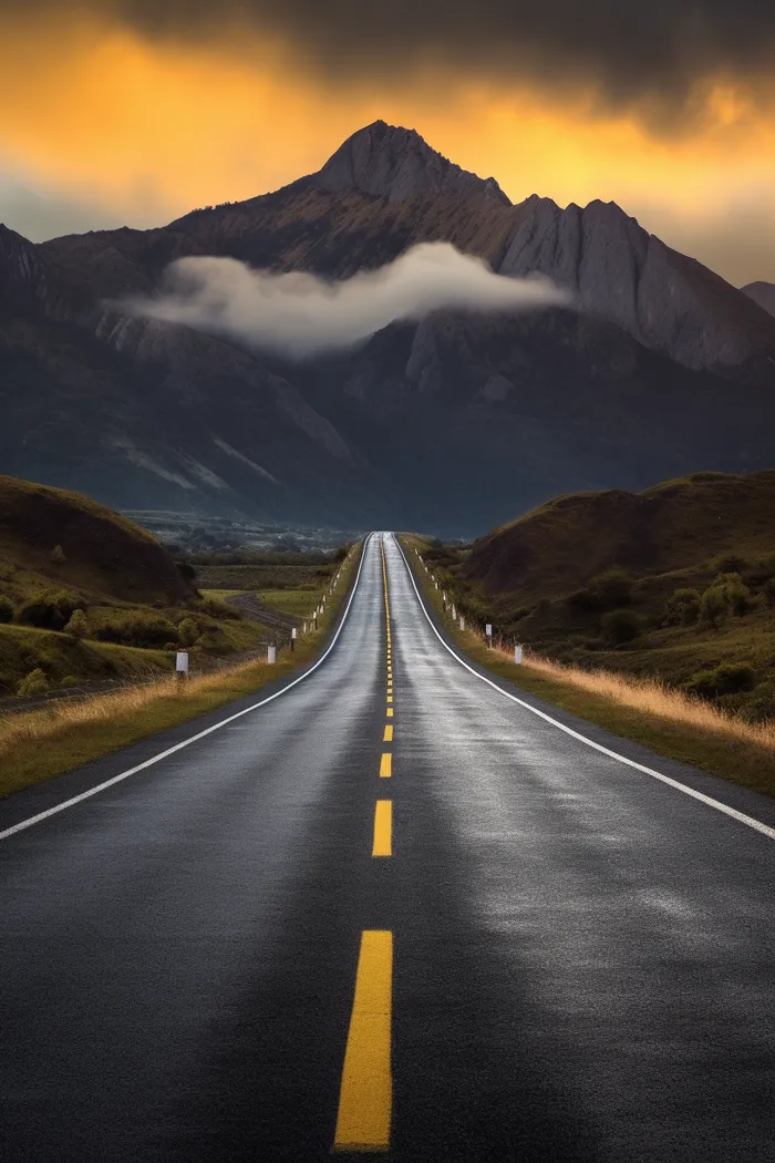 一条通往远方的公路远处是山峰摄影图(2688x4032)