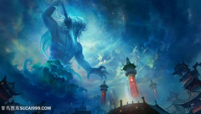 中国风水神拿着武器CG原画绘画图片
