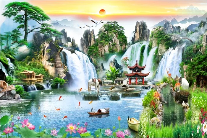 流水生财荷花双马小鹿小船风景psd模版下载