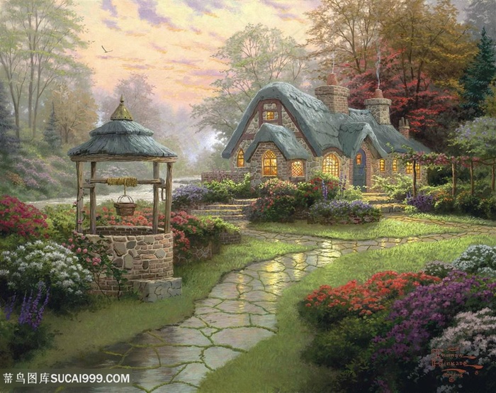 唯美山间小屋风景油画图片