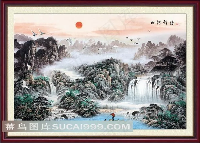 捕鱼的人和高山水墨装饰画分层素材