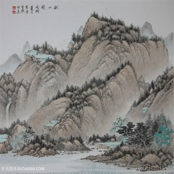 王军河工笔山水传统山水皴法国画界画《秋山图》