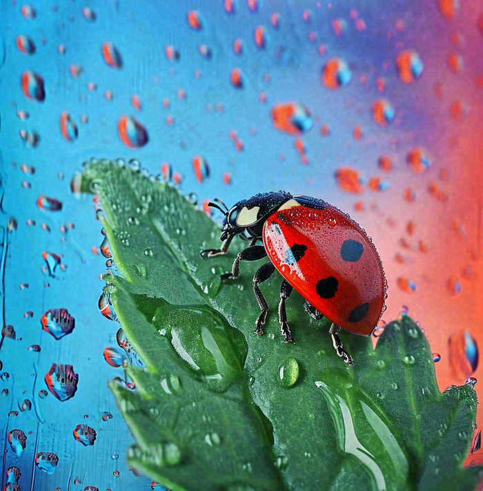 玻璃雨水下的绿叶昆虫七星瓢虫，彩色植物摄影图(1024x1040)