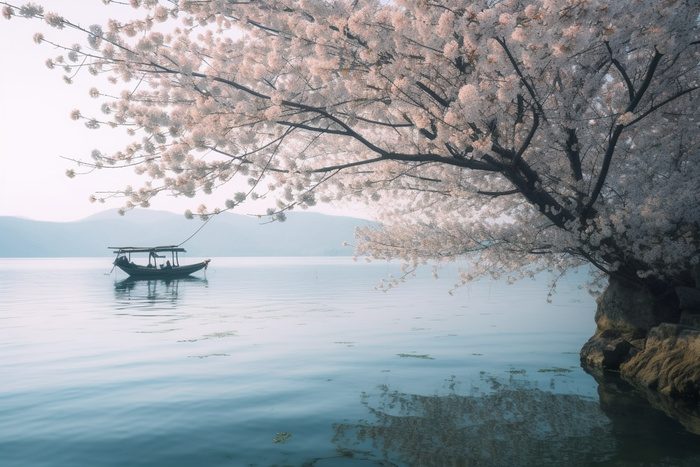 湖边的树开满了花朵，湖上有一艘船摄影图桌面壁纸(5376x3584)