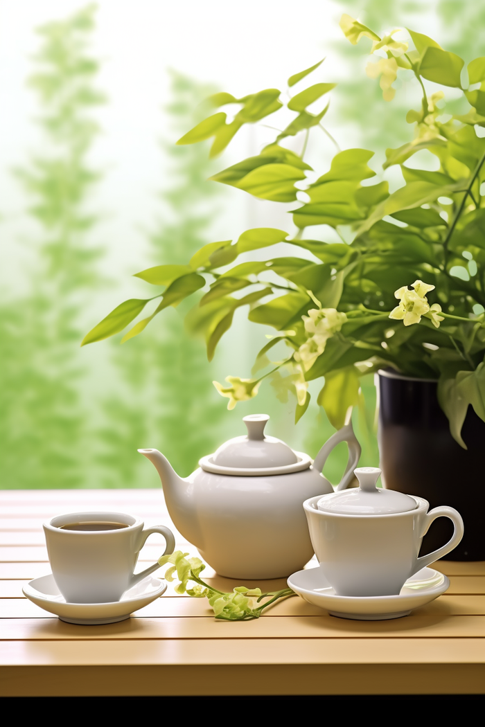 餐桌上的咖啡杯下午茶绿植阳光光影摄影图(2688x4032)