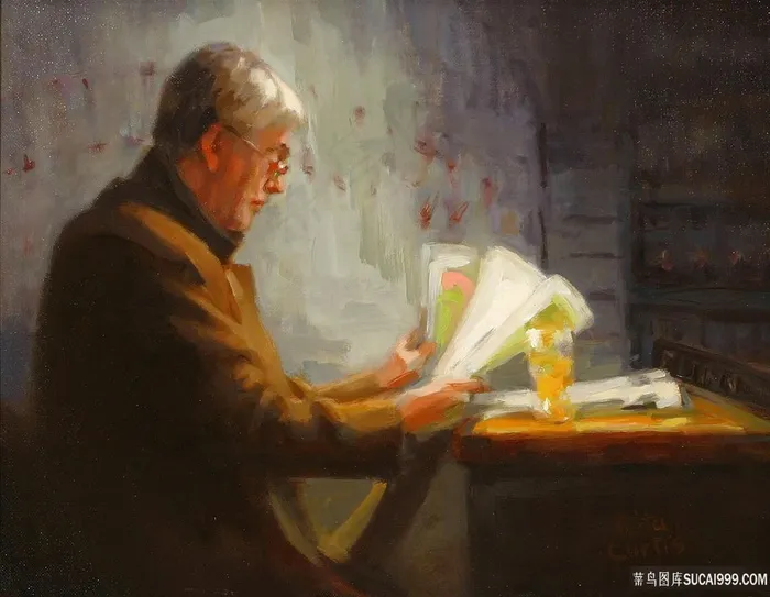 看书戴眼镜的老人油画装饰画