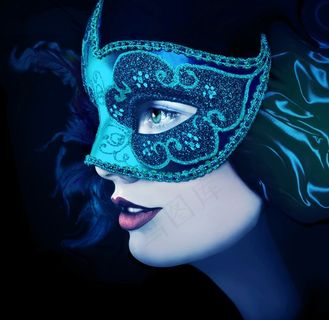 戴蓝色面具的美女图片