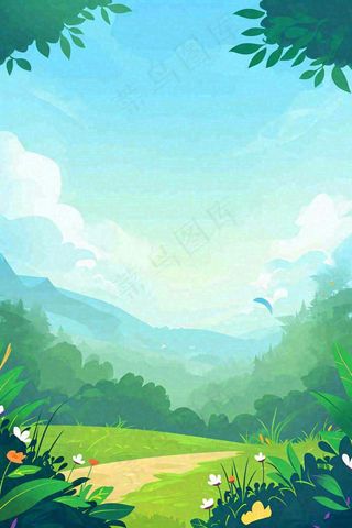 春天郊外旅行蓝天白云清新草地手绘，春分