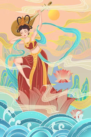 复古中国风国潮神话人物敦煌插画仙女手绘海报背景PSD设计素材