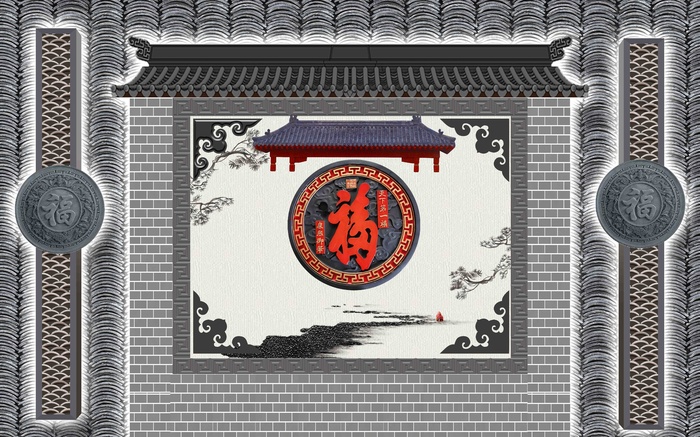 新中式古典装饰立瓦背景墙psd模版下载