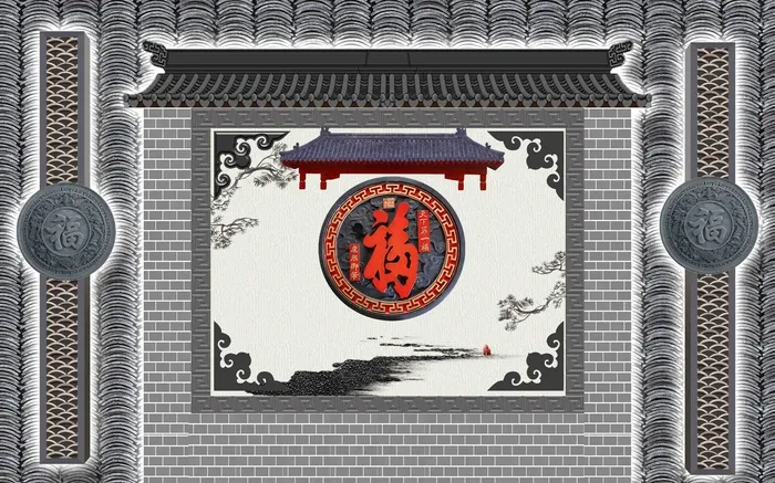 新中式古典装饰立瓦背景墙psd模版下载