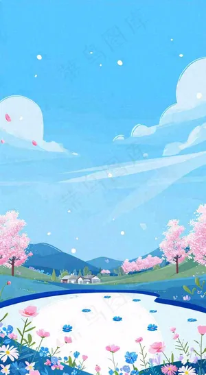 春天浪漫粉色樱花山脉河流蓝天白云清新手绘扁平插画，立春惊蛰