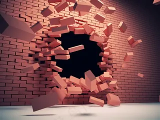 红色砖墙上破碎散落的砖块高清图片