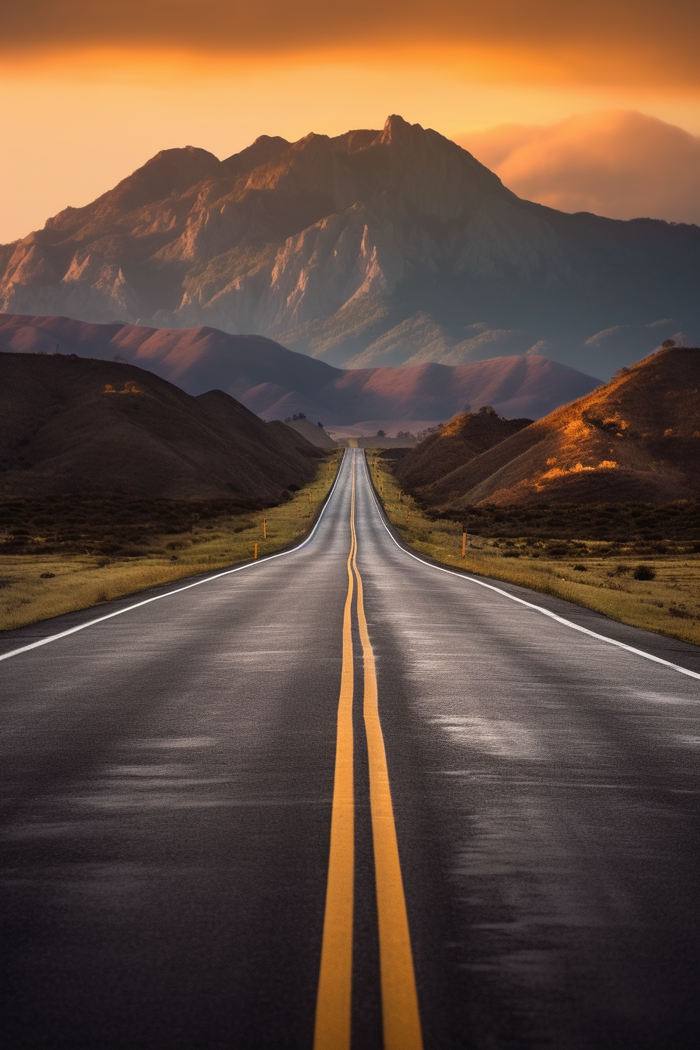 一条通往远方的公路远处是山峰摄影图(2688x4032)