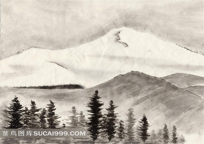 崇山峻岭和树林水墨画