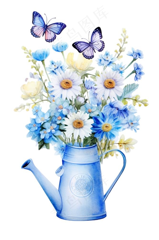 蓝色水壶养着鲜花蝴蝶插画免抠