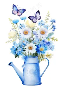 蓝色水壶养着鲜花蝴蝶插画免抠