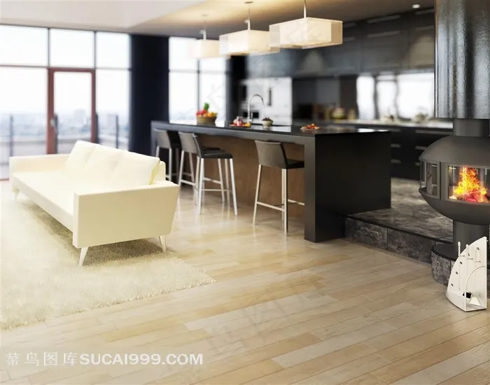 开放式厨房与客厅布局家居摄影高清图片