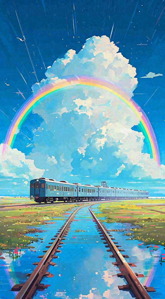 蓝天白云下草地河流高铁火车铁路手绘插画(816x1472)