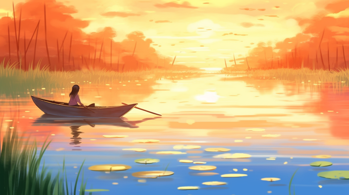 夕阳下女孩在船上划船天空湖泊倒影卡通插画(4368x2448)