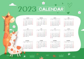 手绘兔年2023日历绿白色背景