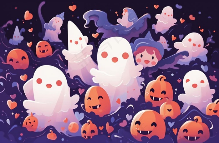 万圣节可爱搞怪小孩幽灵卡通插画素材(1344x880)