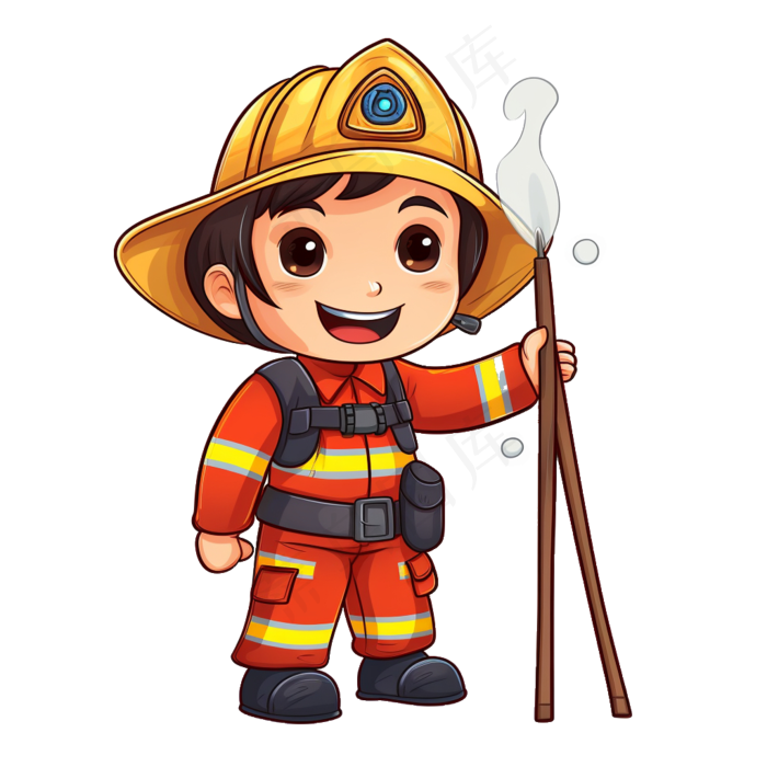 红色原创AI手绘风格可爱消防员PNG免抠素材03
