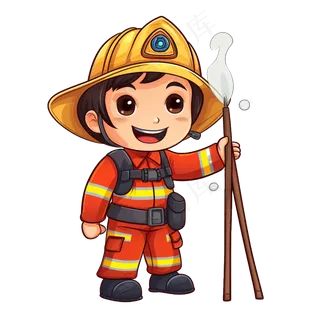 红色原创AI手绘风格可爱消防员PNG免抠素材03