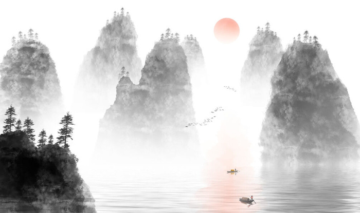 高山日出水墨风景画PSD素材