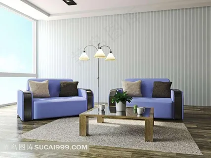 客厅落地灯与沙发茶几摆设