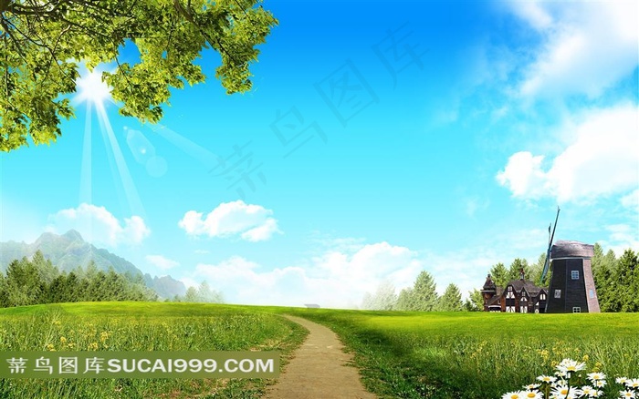 蓝天白云草地风车建筑田园风光
