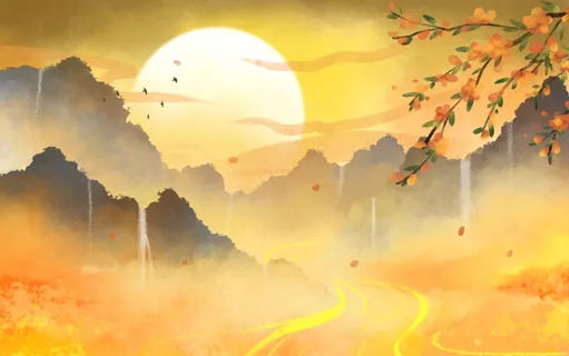 山水插画秋天风景背景