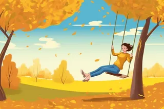 秋天落叶荡秋千的女孩公园插画背景