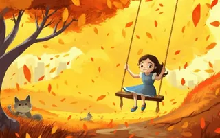 秋天女孩在树上荡秋千黄色落叶插画背景