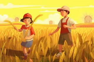 秋季丰收拿着麦穗的人金色插画背景