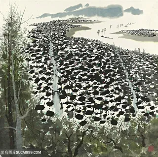 吴冠中手绘建筑房子水墨风景画装饰画