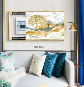 大气时尚家居室内装饰场景客厅沙发卧室床铺电表箱壁画背景图背景效果图