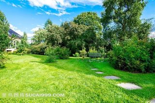 房子前的树木草地长椅摄影图片