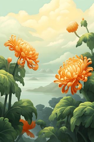 菊花国风山水插画