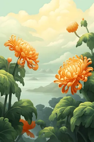 菊花国风山水插画