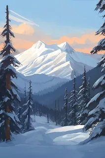 冬天山里森林的雪景卡通插画