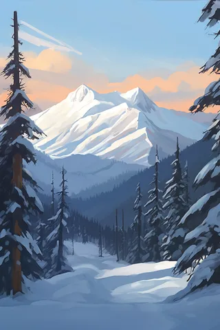 冬天山里森林的雪景卡通插画