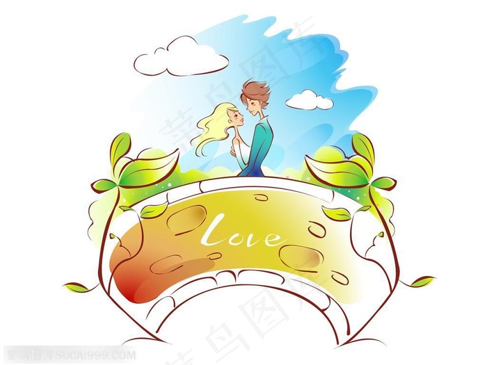 手绘桥上浪漫拥抱的情侣