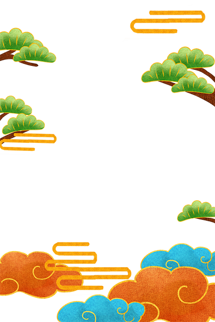 国潮手绘古风海浪花朵祥云装饰边框相框免抠