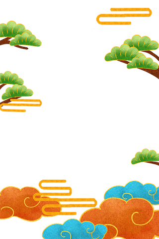 国潮手绘古风海浪花朵祥云装饰边框相框免抠